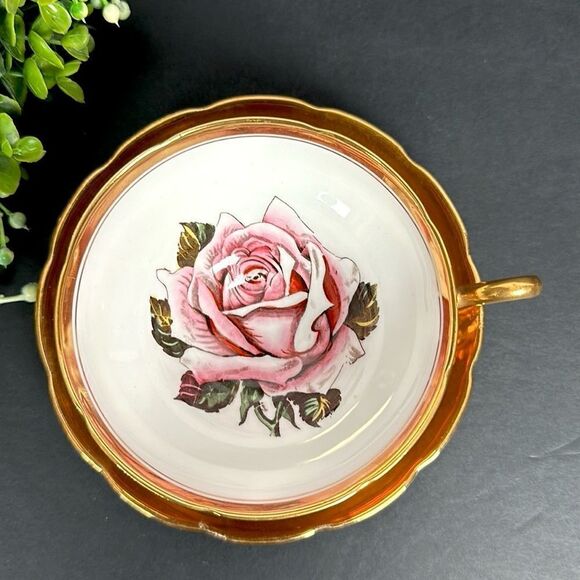 Vintage Taylor & Kent Large Pink Cabbage Rose Tea Cup Saucer Heavy Gold Signed - Picture 2 of 15